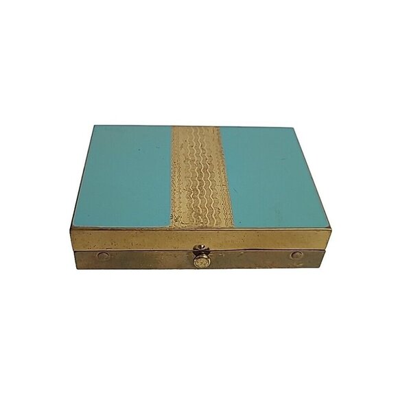 Etched Brass Robin Egg Blue Enamel Cigarette Trinket Box Compact USA MCMVtg 3.5" - Picture 1 of 16